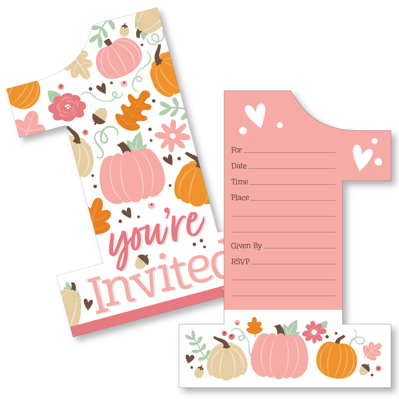 1st Birthday Girl Little Pumpkin - Shaped Fill-In Invitations - Fall First Birthday Party Invitation Cards with Envelopes - Set of 12