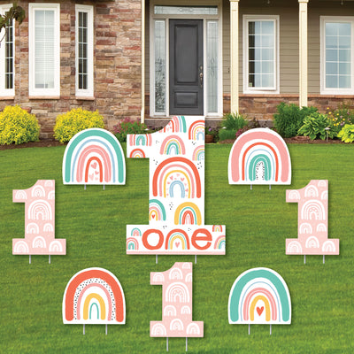 1st Birthday Hello Rainbow - Yard Sign and Outdoor Lawn Decorations - Boho First Birthday Party Yard Signs - Set of 8