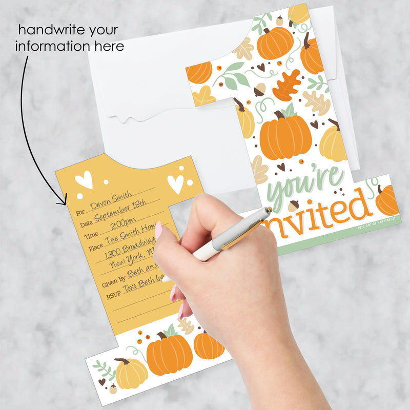 1st Birthday Little Pumpkin - Shaped Fill-In Invitations - Fall First Birthday Party Invitation Cards with Envelopes - Set of 12