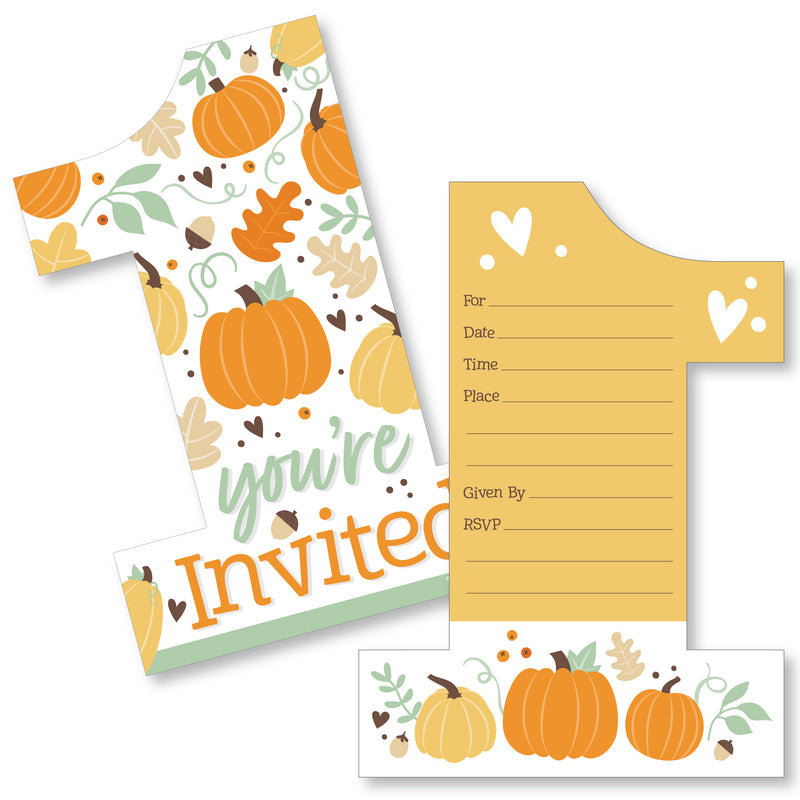 1st Birthday Little Pumpkin - Shaped Fill-In Invitations - Fall First Birthday Party Invitation Cards with Envelopes - Set of 12