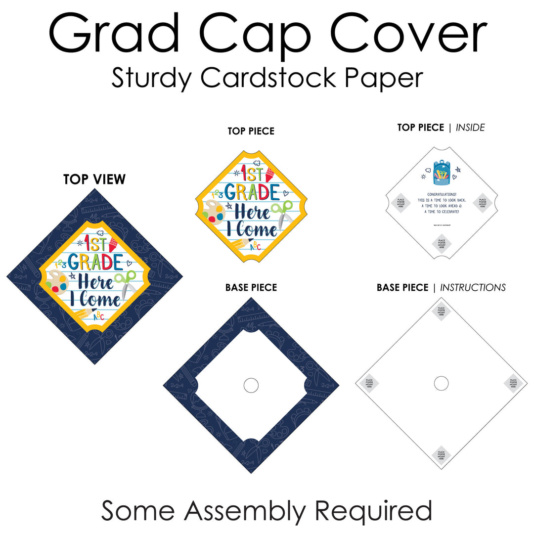 1st Grade Here I Come - Kids Kindergarten Graduation Cap Decorations Kit - Grad Cap Cover