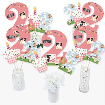 2nd Birthday Girl Farm Animals - Pink Barnyard Second Birthday Party Centerpiece Sticks - Table Toppers - Set of 15