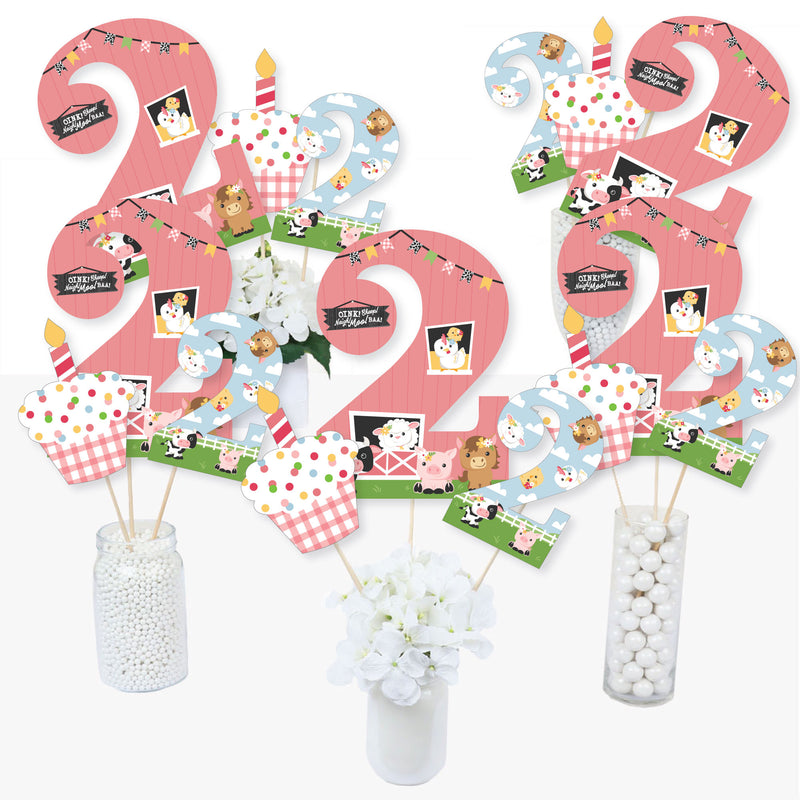 2nd Birthday Girl Farm Animals - Pink Barnyard Second Birthday Party Centerpiece Sticks - Table Toppers - Set of 15