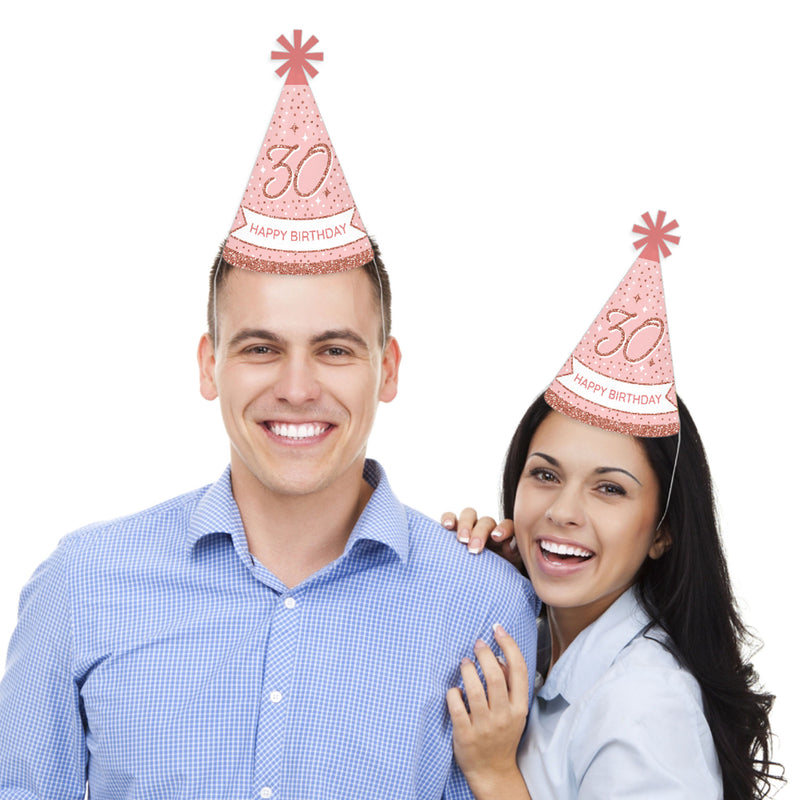 30th Pink Rose Gold Birthday - Cone Happy Birthday Party Hats for Adults - Set of 8 (Standard Size)
