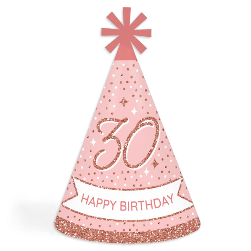 30th Pink Rose Gold Birthday - Cone Happy Birthday Party Hats for Adults - Set of 8 (Standard Size)