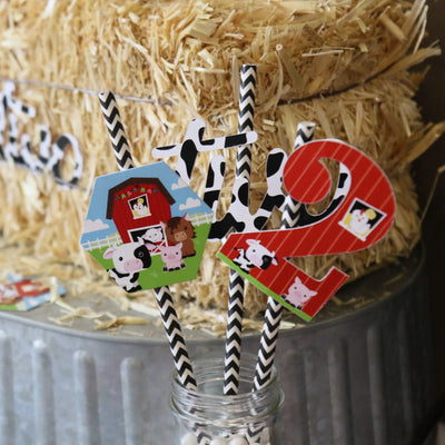 2nd Birthday Farm Animals - Paper Straw Decor - Barnyard Second Birthday Party Striped Decorative Straws - Set of 24