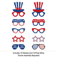 Patriotic Glasses - Paper Card Stock Memorial Day Party Photo Booth Props Kit - 10 Count