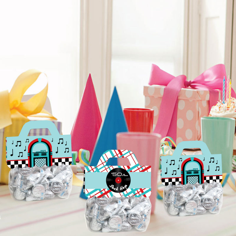 50’s Sock Hop - DIY 1950s Rock N Roll Party Clear Goodie Favor Bag Labels - Candy Bags with Toppers - Set of 24