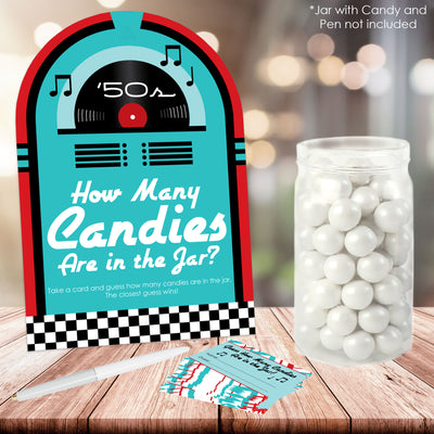 50's Sock Hop - How Many Candies 1950s Rock N Roll Party Game - 1 Stand and 40 Cards - Candy Guessing Game