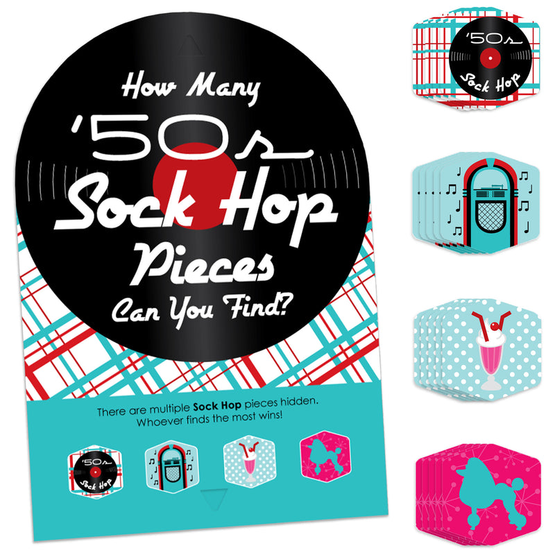 50’s Sock Hop - 1950s Rock N Roll Party Scavenger Hunt - 1 Stand and 48 Game Pieces - Hide and Find Game
