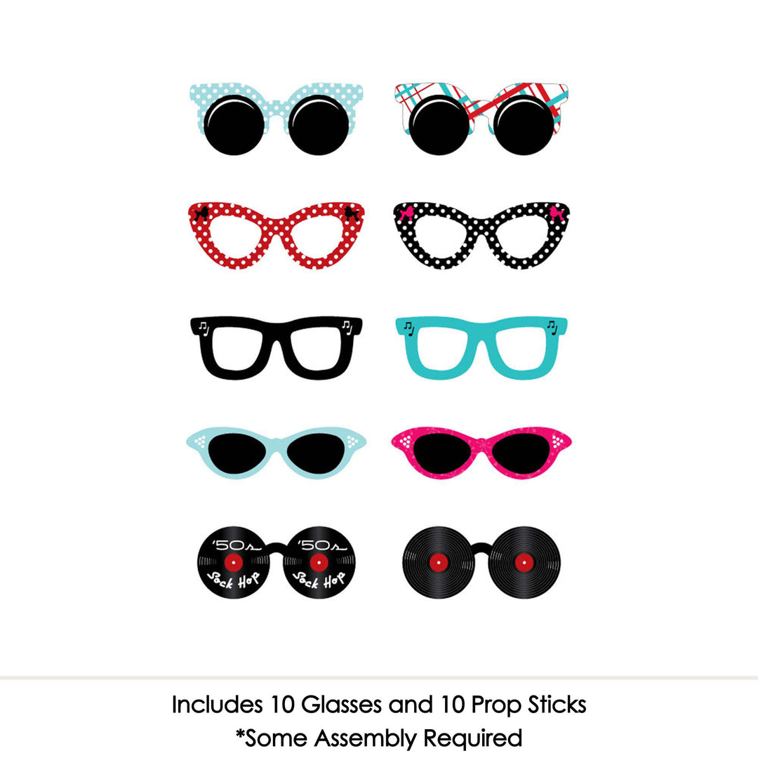 50's Sock Hop Glasses - Paper Card Stock 1950s Rock N Roll Party Photo Booth Props Kit - 10 Count