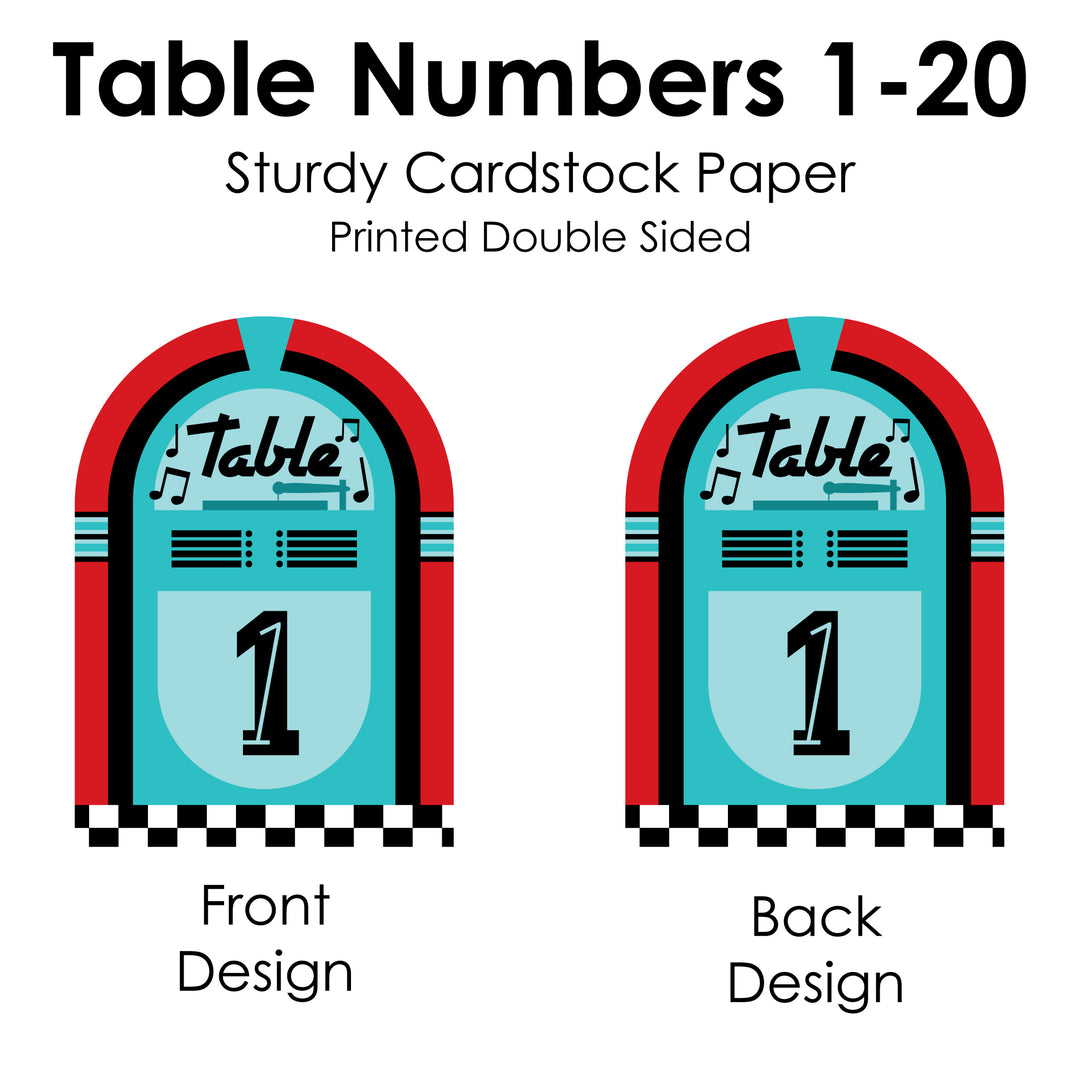 50's Sock Hop - 1950s Rock N Roll Party Double-Sided 5 x 7 inches Cards - Table Numbers - 1-20