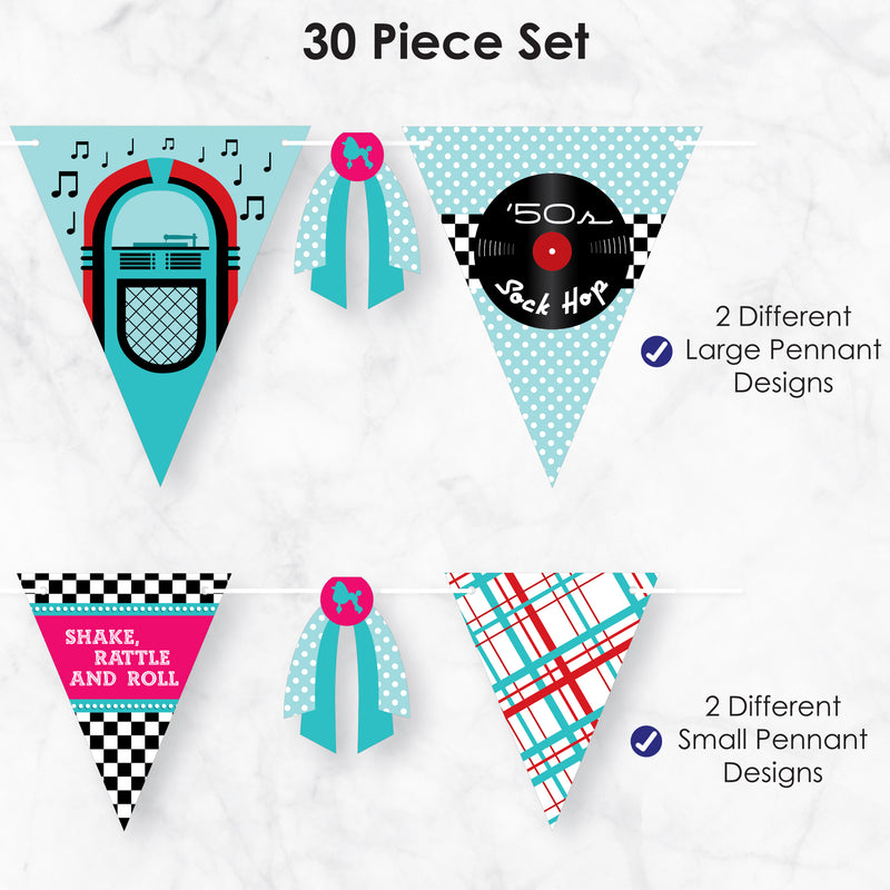 50’s Sock Hop - DIY 1950s Rock N Roll Party Pennant Garland Decoration - Triangle Banner - 30 Pieces