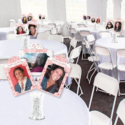 50th Pink Rose Gold Birthday - Happy Birthday Party Picture Centerpiece Sticks - Photo Table Toppers - 15 Pieces