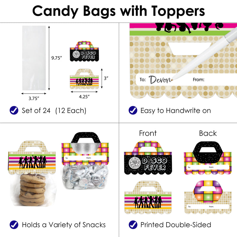 70’s Disco - DIY 1970s Disco Fever Party Clear Goodie Favor Bag Labels - Candy Bags with Toppers - Set of 24