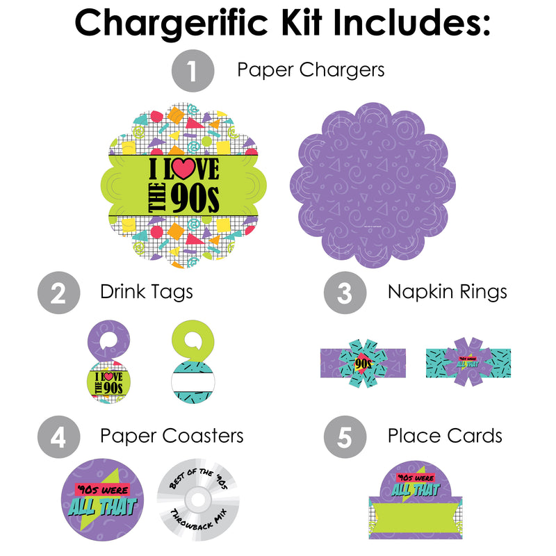 90’s Throwback - 1990s Party Paper Charger and Table Decorations - Chargerific Kit - Place Setting for 8