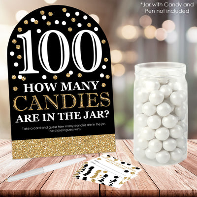 Adult 100th Birthday - Gold - How Many Candies Birthday Party Game - 1 Stand and 40 Cards - Candy Guessing Game
