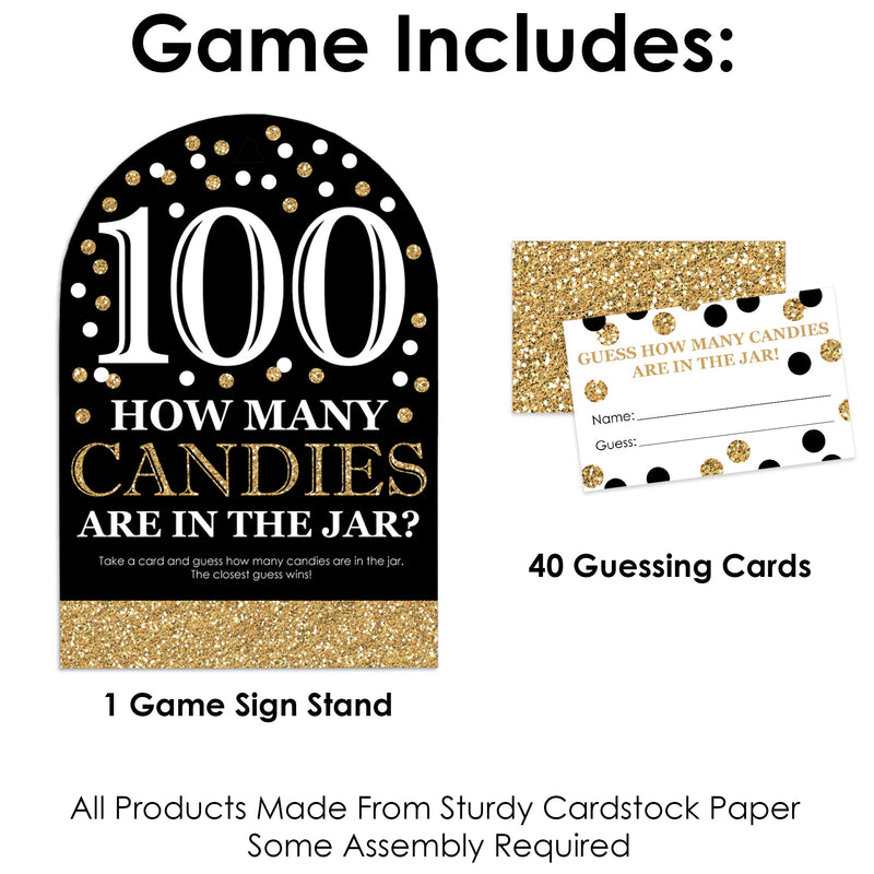 Adult 100th Birthday - Gold - How Many Candies Birthday Party Game - 1 Stand and 40 Cards - Candy Guessing Game