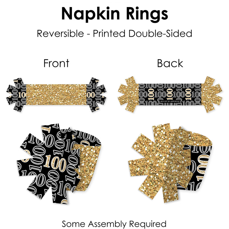 Adult 100th Birthday - Gold - Birthday Party Paper Napkin Holder - Napkin Rings - Set of 24