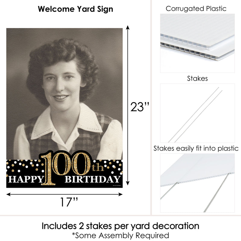 Adult 100th Birthday - Gold - Photo Yard Sign - Birthday Party Decorations
