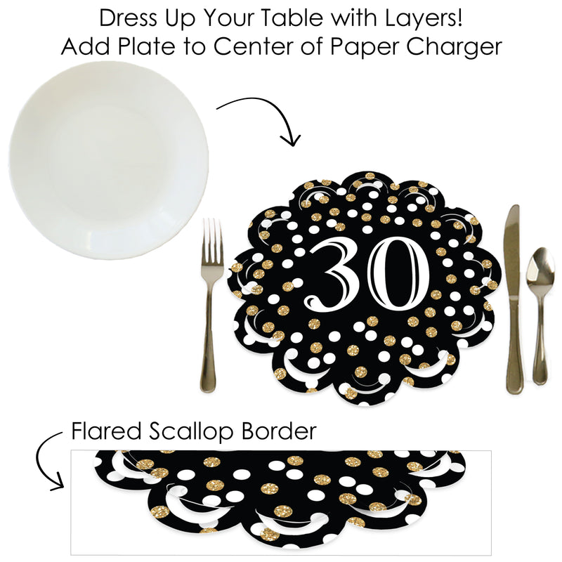 Adult 30th Birthday - Gold - Birthday Party Round Table Decorations - Paper Chargers - Place Setting For 12
