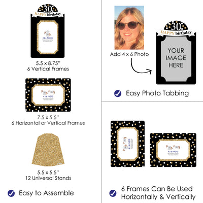 Adult 30th Birthday - Gold - Birthday Party 4x6 Picture Display - Paper Photo Frames - Set of 12