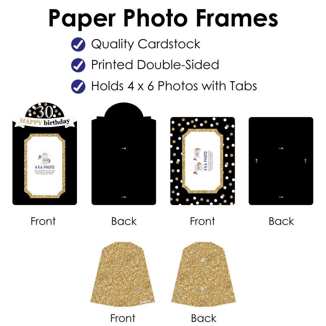 Adult 30th Birthday - Gold - Birthday Party 4x6 Picture Display - Paper Photo Frames - Set of 12