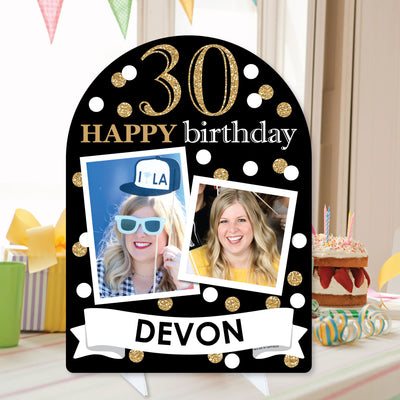 Adult 30th Birthday - Gold - Personalized Birthday Party Picture Display Stand - Photo Tabletop Sign - Upload 2 Photos - 1 Piece