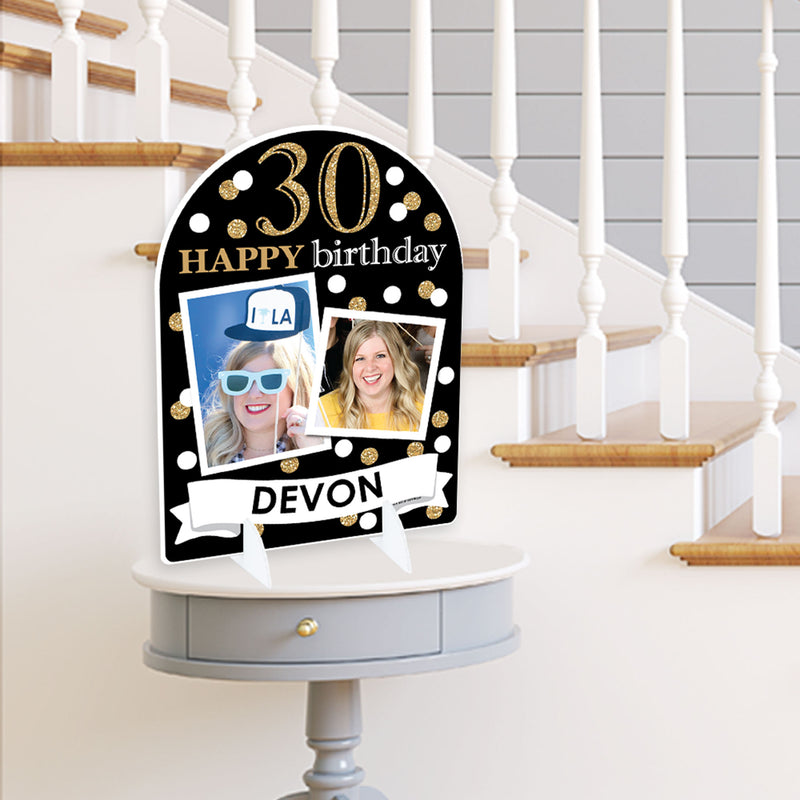 Adult 30th Birthday - Gold - Personalized Birthday Party Picture Display Stand - Photo Tabletop Sign - Upload 2 Photos - 1 Piece