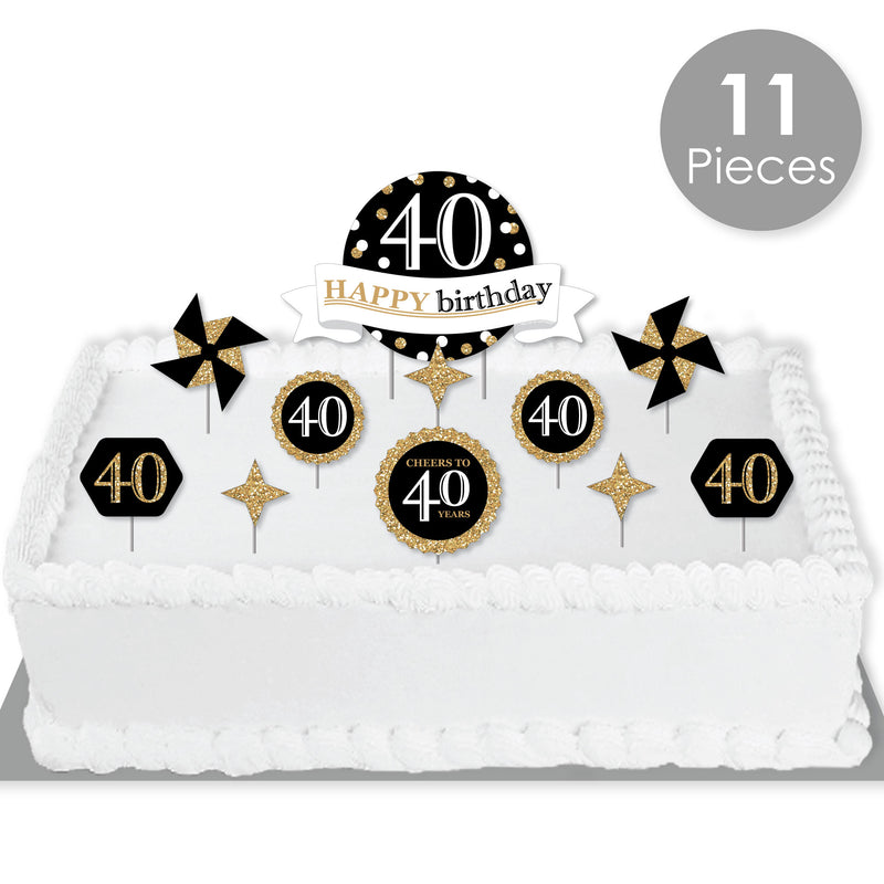 Adult 40th Birthday - Gold - Birthday Party Cake Decorating Kit - Happy Birthday Cake Topper Set - 11 Pieces