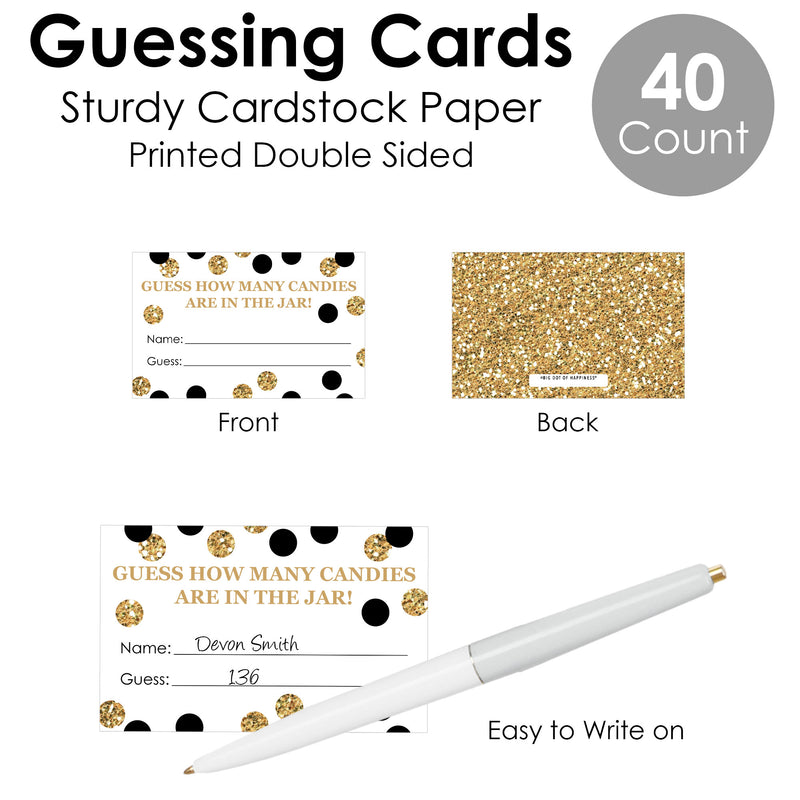 Adult 40th Birthday - Gold - How Many Candies Birthday Party Game - 1 Stand and 40 Cards - Candy Guessing Game