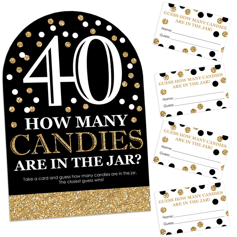 Adult 40th Birthday - Gold - How Many Candies Birthday Party Game - 1 Stand and 40 Cards - Candy Guessing Game
