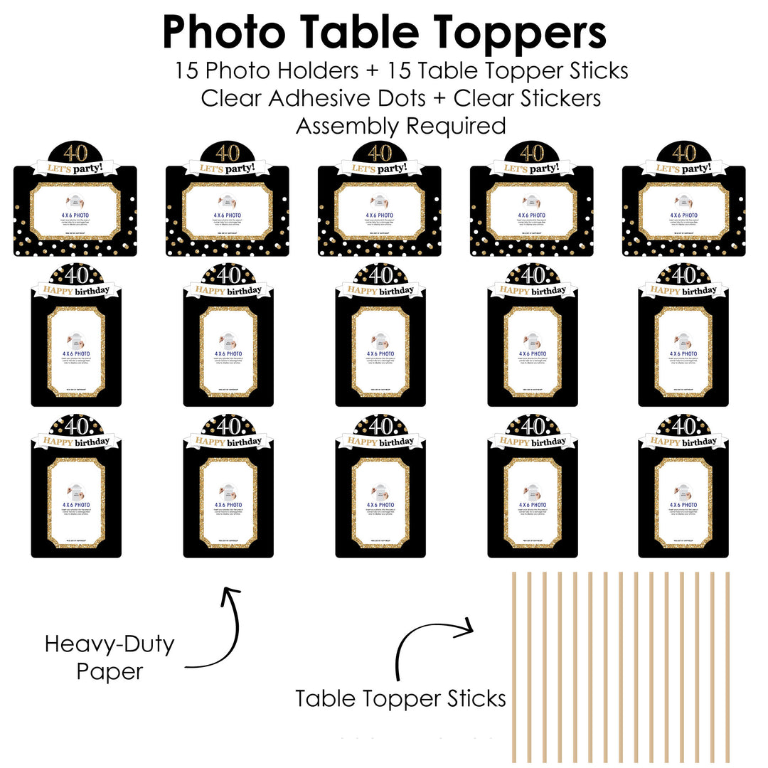 Adult 40th Birthday - Gold - Birthday Party Picture Centerpiece Sticks - Photo Table Toppers - 15 Pieces