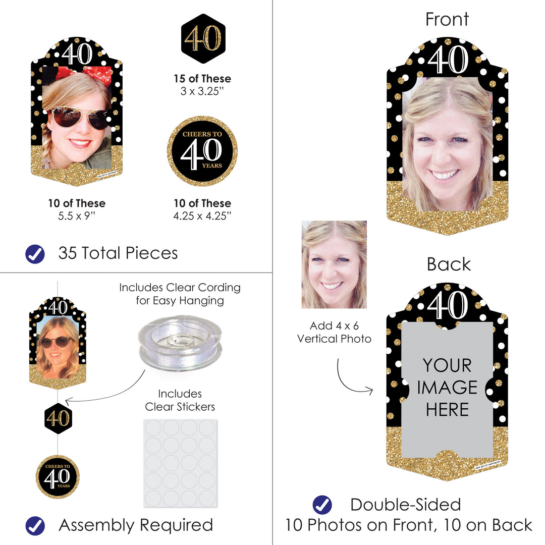 Adult 40th Birthday - Gold - Birthday Party DIY Backdrop Decor - Hanging Vertical Photo Garland - 35 Pieces