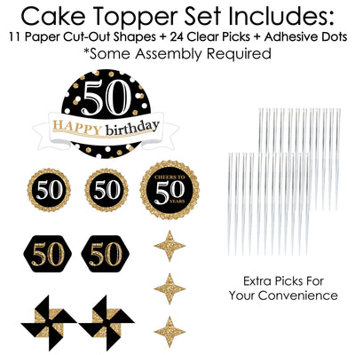 Adult 50th Birthday - Gold - Birthday Party Cake Decorating Kit - Happy Birthday Cake Topper Set - 11 Pieces
