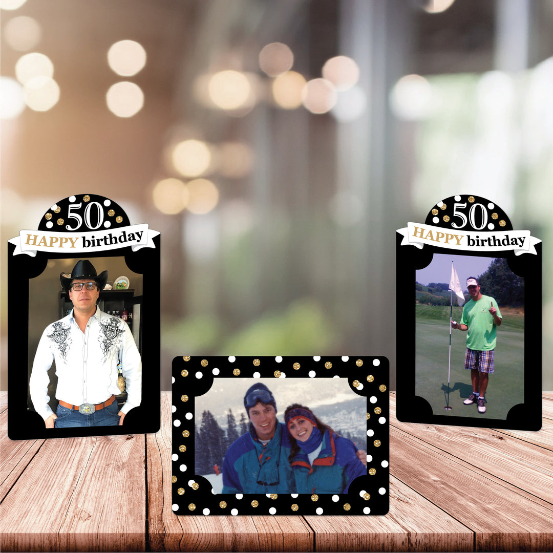 Adult 50th Birthday - Gold - Birthday Party 4x6 Picture Display - Paper Photo Frames - Set of 12