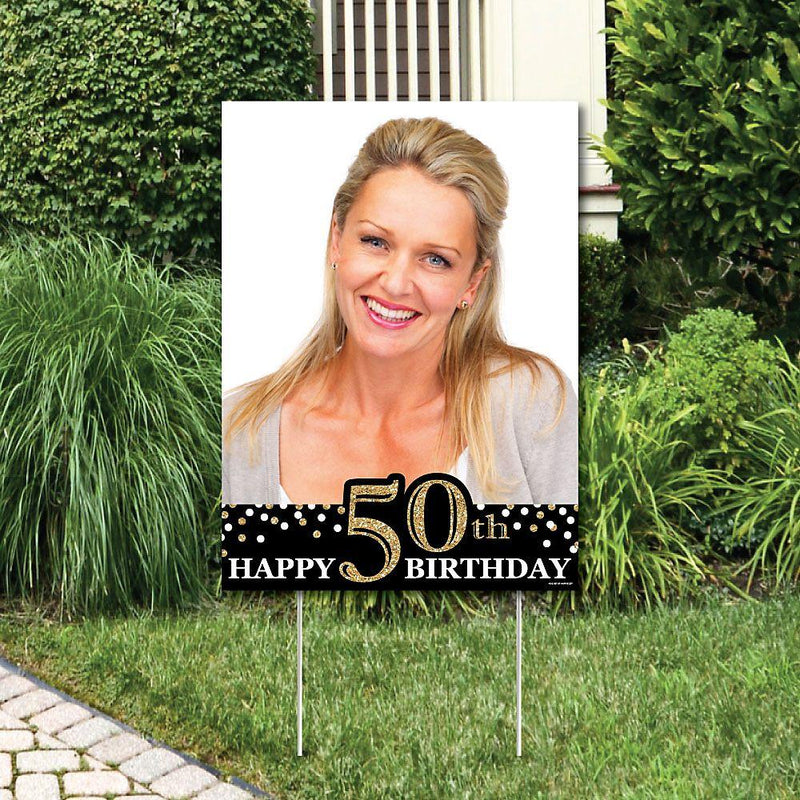 Adult 50th Birthday - Gold - Photo Yard Sign - Birthday Party Decorations