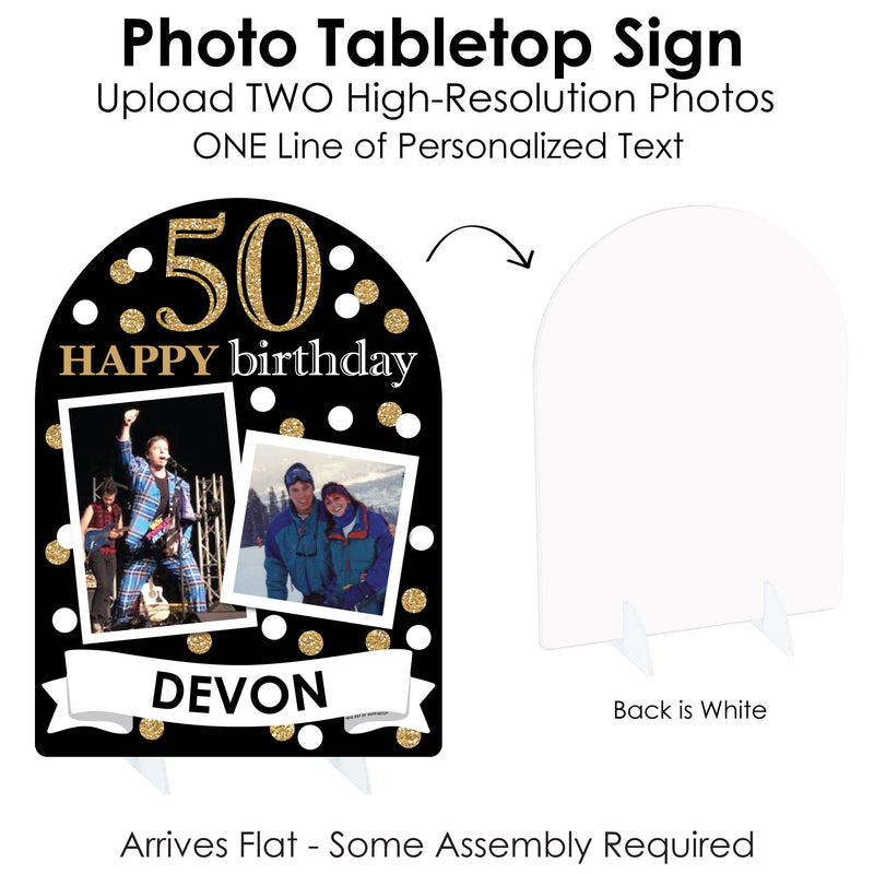 Adult 50th Birthday - Gold - Personalized Birthday Party Picture Display Stand - Photo Tabletop Sign - Upload 2 Photos - 1 Piece