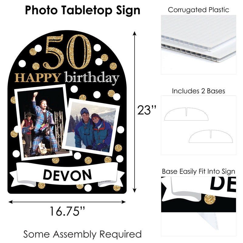 Adult 50th Birthday - Gold - Personalized Birthday Party Picture Display Stand - Photo Tabletop Sign - Upload 2 Photos - 1 Piece