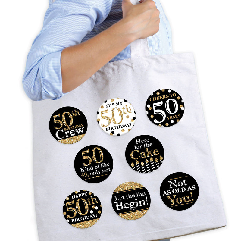 Adult 50th Birthday - Gold - 3 inch Birthday Party Badge - Pinback Buttons - Set of 8