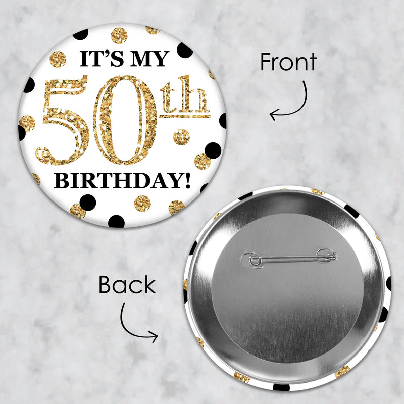 Adult 50th Birthday - Gold - 3 inch Birthday Party Badge - Pinback Buttons - Set of 8