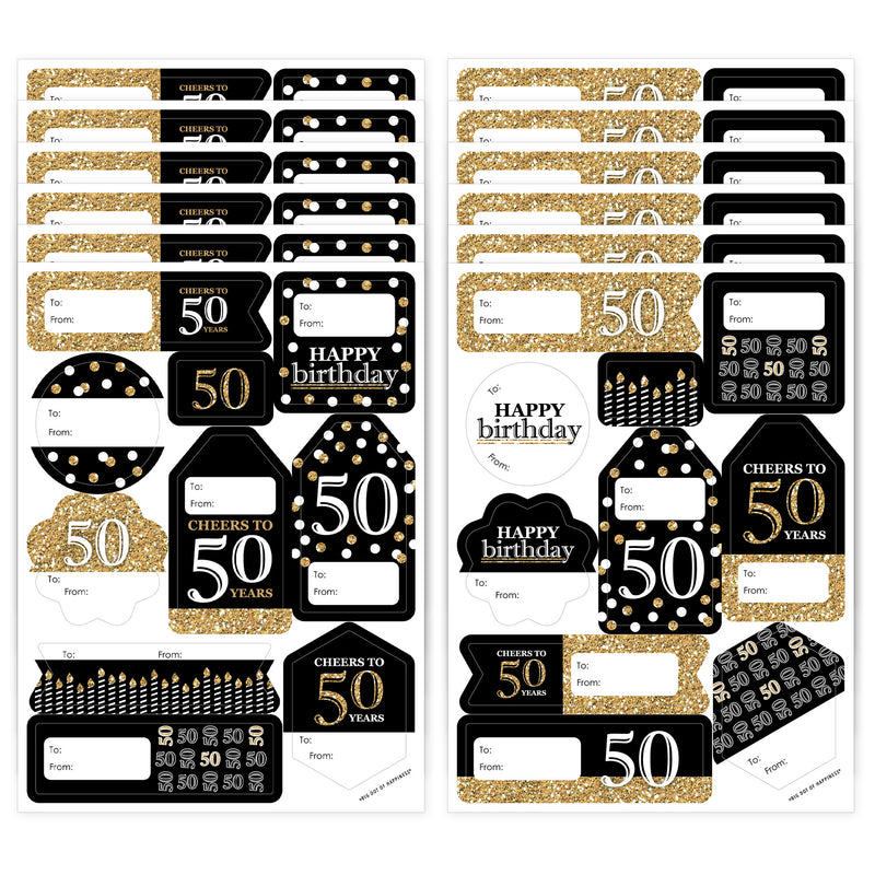 Adult 50th Birthday - Gold - Assorted Birthday Party Gift Tag Labels - To and From Stickers - 12 Sheets - 120 Stickers