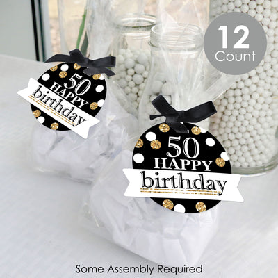 Adult 50th Birthday - Gold - Birthday Party Clear Goodie Favor Bags - Treat Bags With Tags - Set of 12