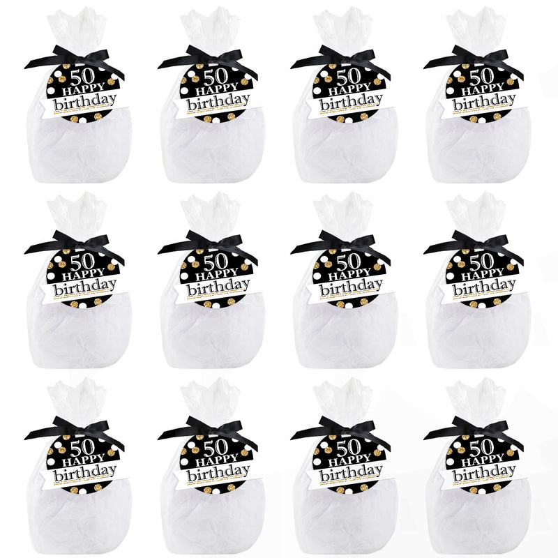 Adult 50th Birthday - Gold - Birthday Party Clear Goodie Favor Bags - Treat Bags With Tags - Set of 12