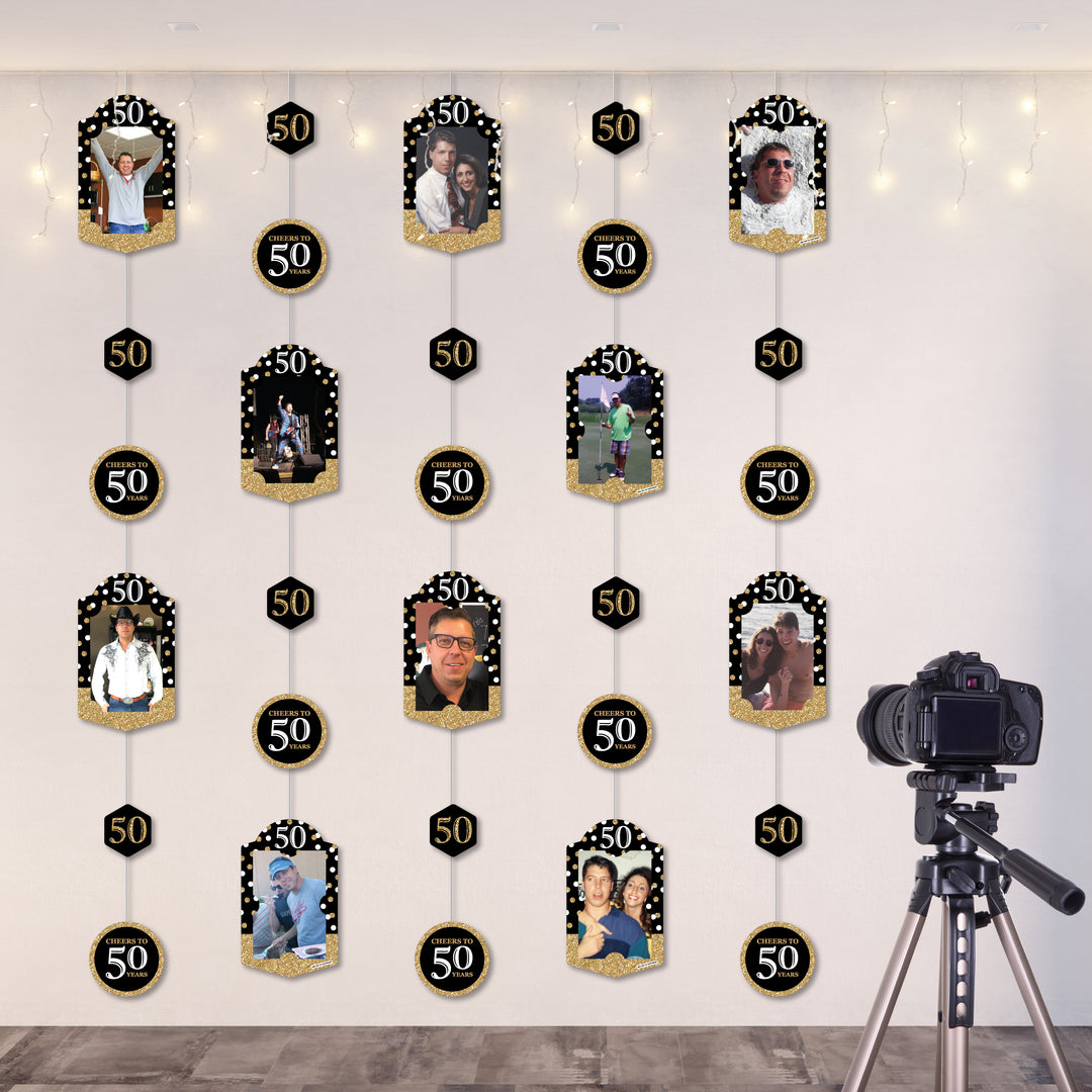 Adult 50th Birthday - Gold - Birthday Party DIY Backdrop Decor - Hanging Vertical Photo Garland - 35 Pieces