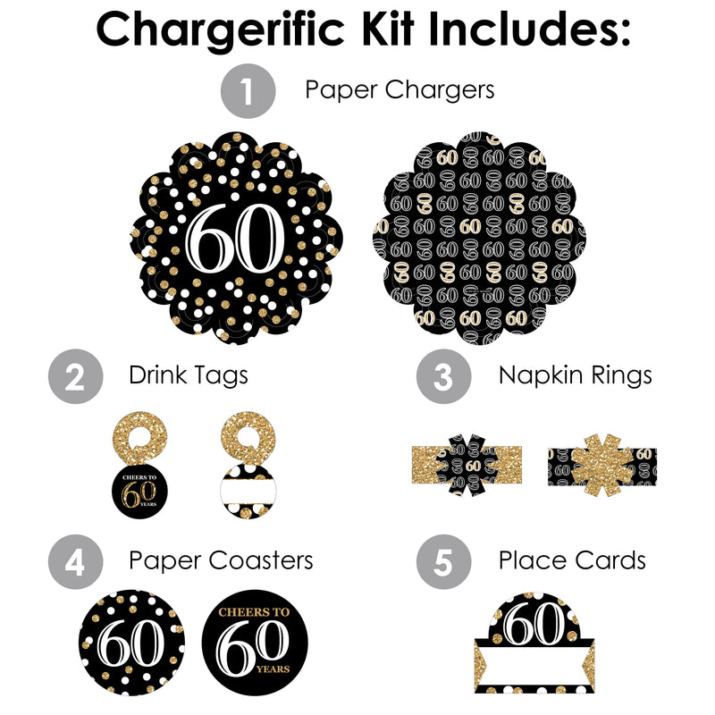 Adult 60th Birthday - Gold - Birthday Party Paper Charger and Table Decorations - Chargerific Kit - Place Setting for 8