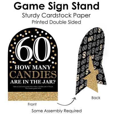Adult 60th Birthday - Gold - How Many Candies Birthday Party Game - 1 Stand and 40 Cards - Candy Guessing Game