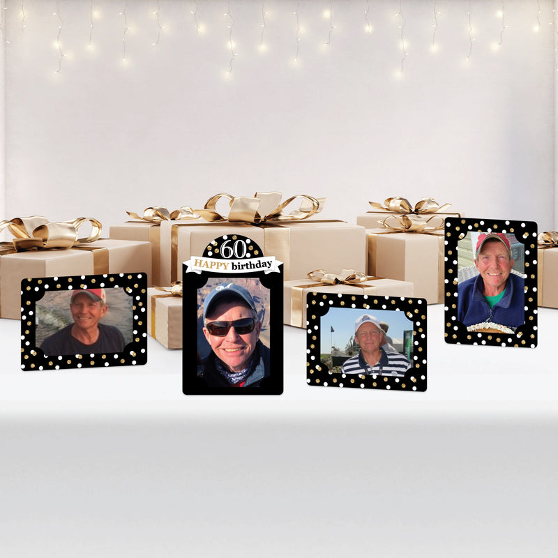 Adult 60th Birthday - Gold - Birthday Party 4x6 Picture Display - Paper Photo Frames - Set of 12