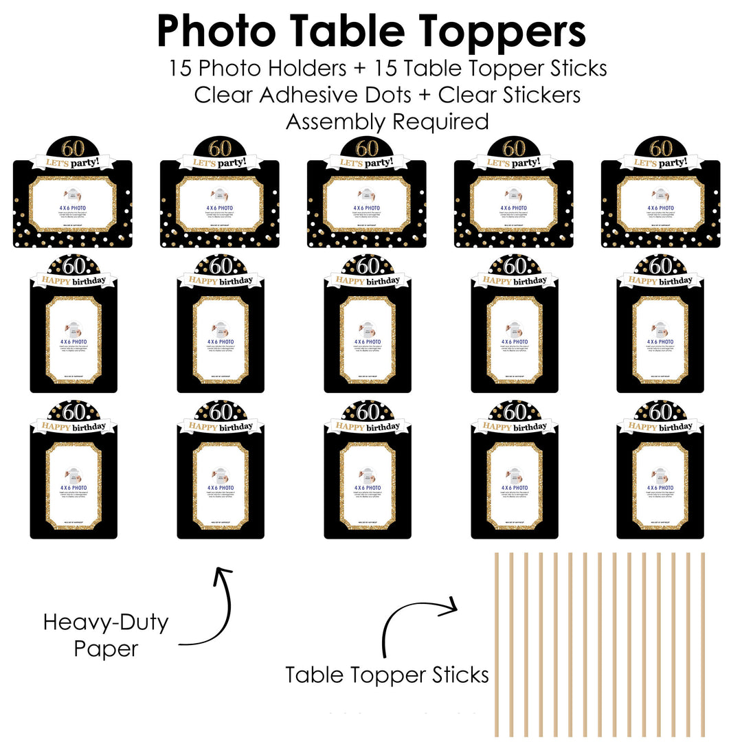 Adult 60th Birthday - Gold - Birthday Party Picture Centerpiece Sticks - Photo Table Toppers - 15 Pieces