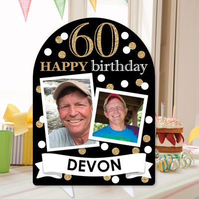 Adult 60th Birthday - Gold - Personalized Birthday Party Picture Display Stand - Photo Tabletop Sign - Upload 2 Photos - 1 Piece
